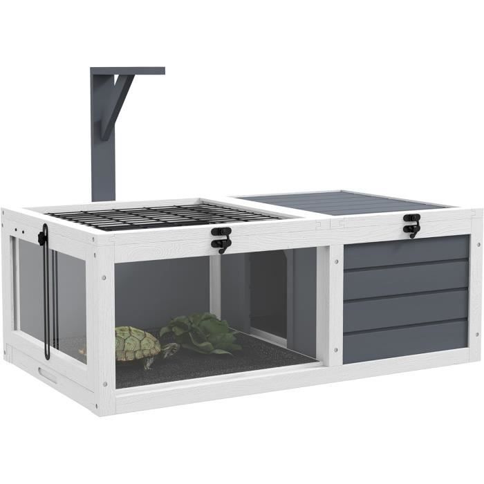 Comparer les prix de PawHut Maison enclos Cage pour Petit Animal Tortue avec 2 espaces, Support de Lampe 2 Plateaux coulissants, 81 x 48 x 31,5 cm - 75
