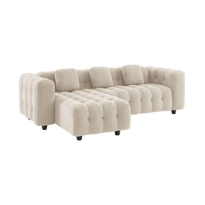 Canapé dangle réversible 3-4 places bouclette texturée. beige. capitonné structure bois deucalyptus et contreplaqué