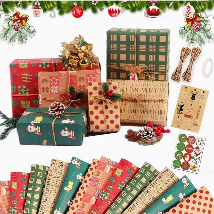 Papier Cadeaux Noel, 12 Feuilles Papier Cadeau Kraft Enfant Papier