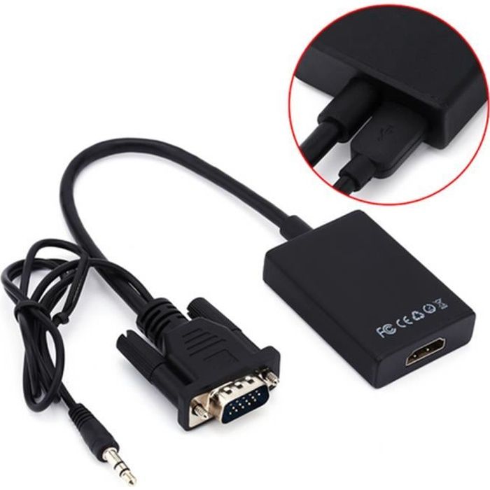 Noire Câble VGA Mâle Vers HDMI 1080P HDTV USB Audio Video Câble Adaptateur Convertisseur