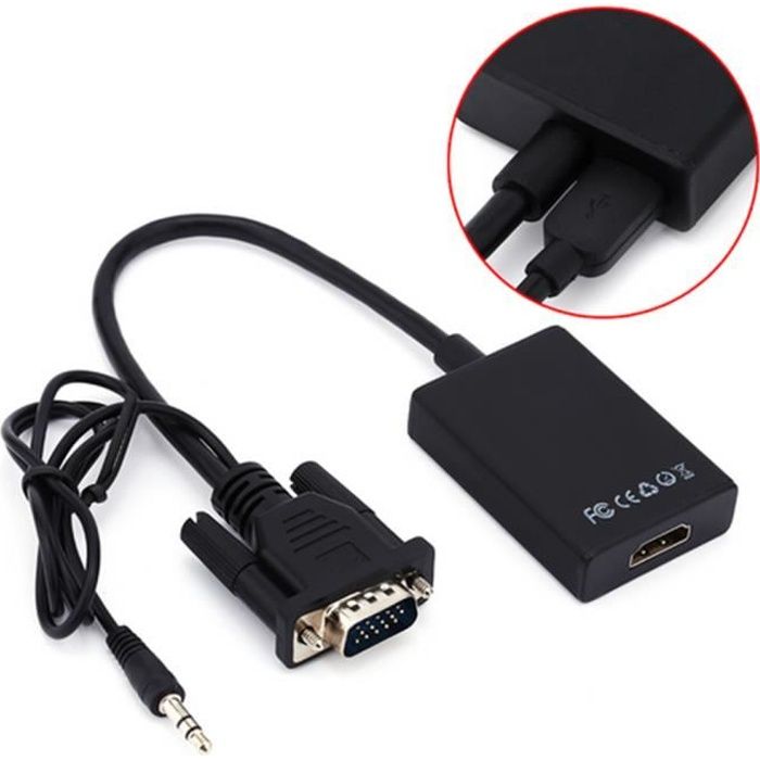 Noire Câble VGA Mâle Vers HDMI 1080P HDTV USB Audio Video Câble