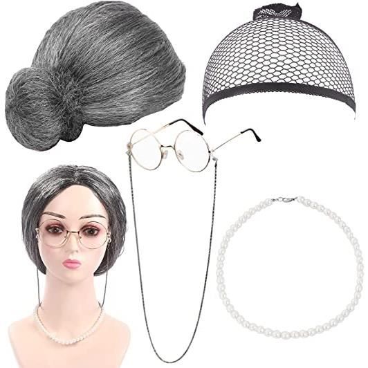 UILYNIU Déguisement De Vieille Femme Avec Perruque Et Lunettes Avec Chaîne, Bonnet De Perruque, Collier De Perles, Boucles D'oreilles, Bracelet, Canne Gonflable, Accessoires Pour Halloween, Journée