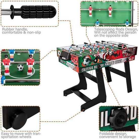 Table Multijeux HLC 4 En 1 – Baby-foot, Billard, Tennis De Table, Hockey – Pliable, Perche Télescopique Sécurisée
