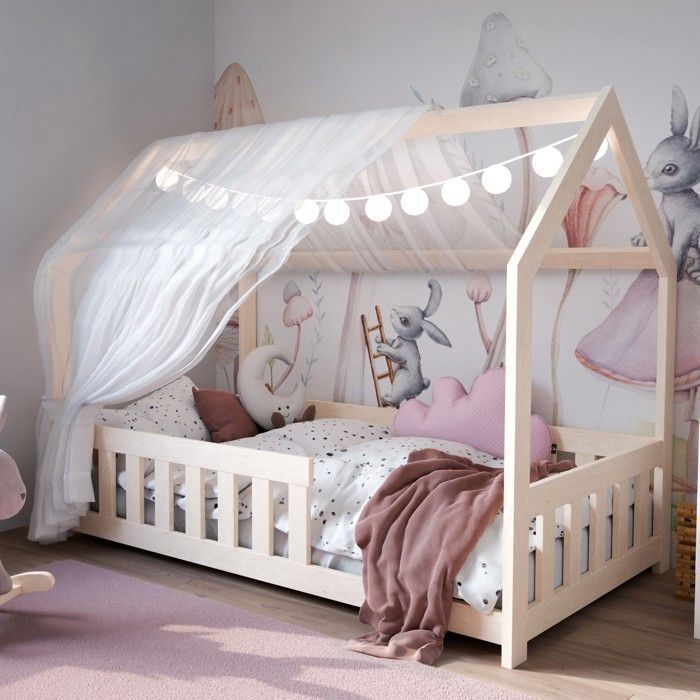 Lit Cabane Enfant 90x200 Cm Naturel Pin Massif Avec Matelas H16cm Antichute Toit Et Sommier A Lattes Couchage Au Sol Montessori 97173599