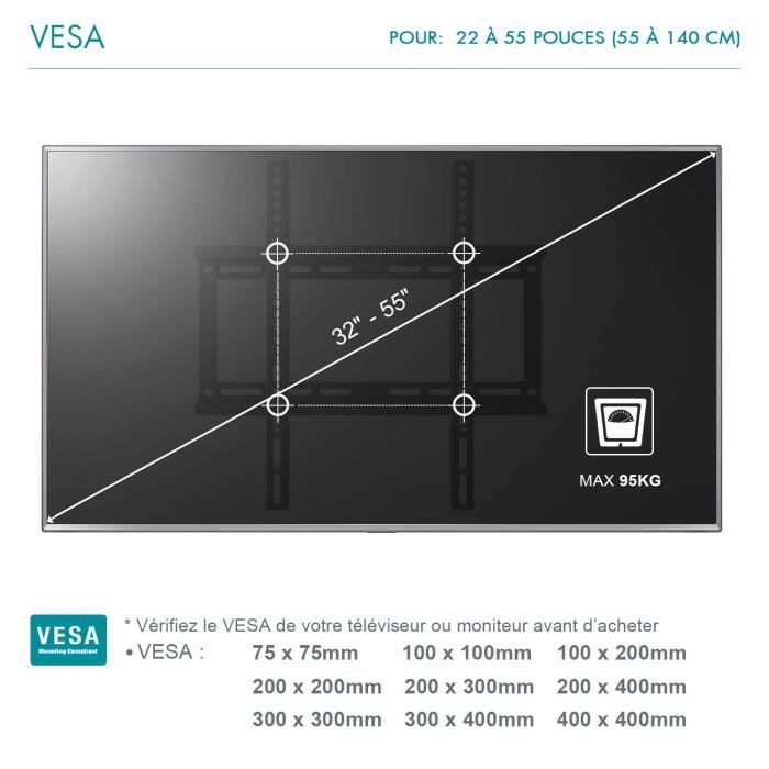 SUPPORT MURAL POUR TV Mural Ultra-Mince Type Fixe pour téléviseur de 23-55  Pouces (58-140cm), Vesa 100x100-400x400mm - Cdiscount TV Son Photo