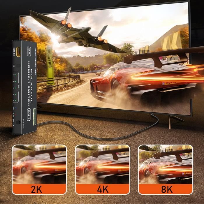 BolAAzuL Switch HDMI 2.1 4 Ports – 4K 120Hz, 8K 60Hz, 2K 144Hz, Télécommande IR, Compatible PS5/Xbox/TV