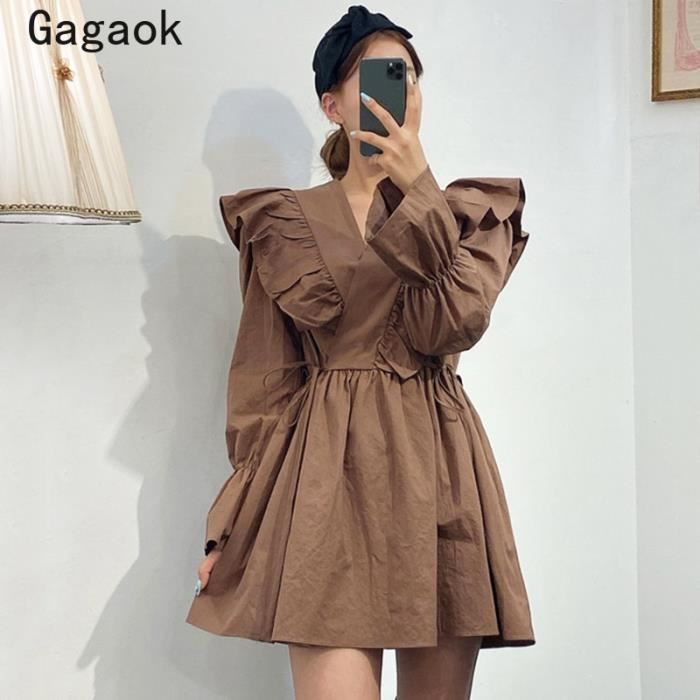 Robe Gagaok femmes Vintage Empire Mini robe 2020 t nouveau solide col en v manches vas es volants mince Type Coffee color