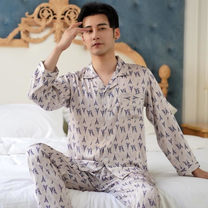 Pyjama homme en soie fine VITATA Ensemble pièces Manches longues  Pantalon Jaune