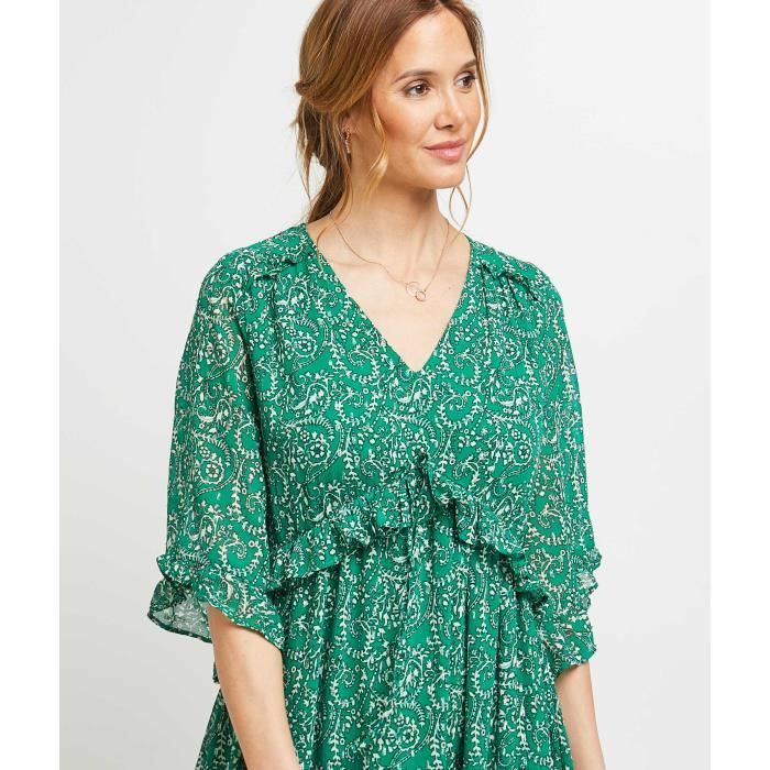 Robe longue femme GRAIN DE MALICE Imprimee Manches 3 4 Volants Col V Vert Green Cdiscount Pret a Porter