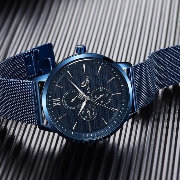 NAVIFORCE marque hommes montres 24 heures mains lumineuses mode sport maille bande montre a Quartz Achat vente montre Homme Bleu Acier Cdiscount