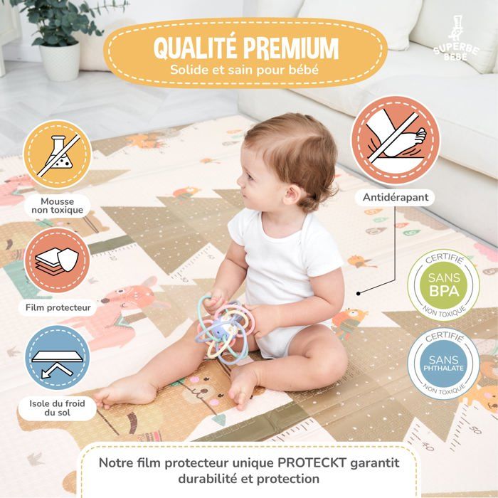 Tapis Bébé Pliable 180x120x1 Cm - Mousse XPE Imperméable, Motifs Forêt/animaux, Sac De Transport Inclus