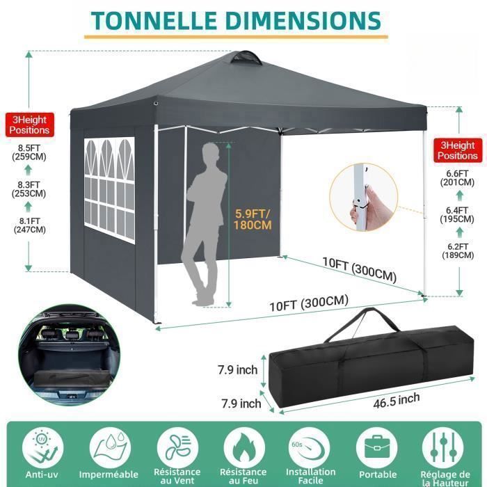 Tonnelle De Jardin 3x3m Pliable Pop Up Imperméable Anti-UV - Barnum One Push Avec Sac De Transport Gris Foncé