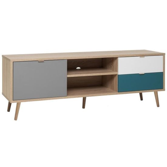 Cuba Meuble Tv Scandinave Decor Chene Gris Blanc Et Bleu Petrole