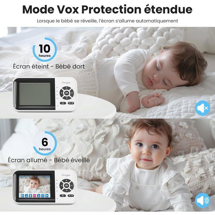 Simyke Moniteur Vidéo Pour Bébé Amélioré Avec 2 Caméras Et écran Audio De 7,1 Cm, Communication Bidirectionnelle, Portée Longue De 366 M, Horloge D'alimentation, Détection De Température, Caméra Pour