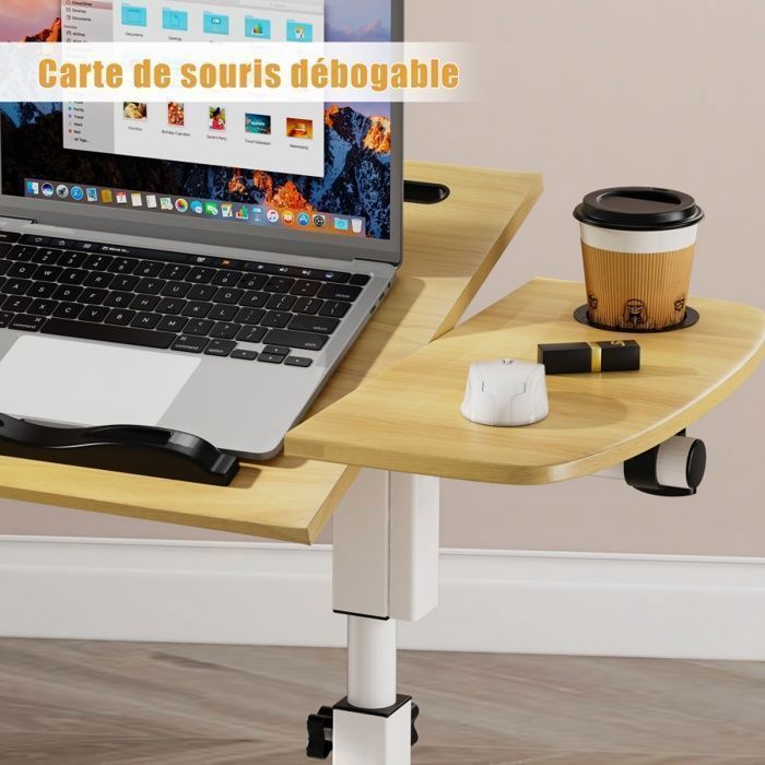 Table De Lit à Roulettes Réglable En Hauteur (69-89cm) - Bureau Mobile 60x40cm, Blanc, Pour Canapé/Lit
