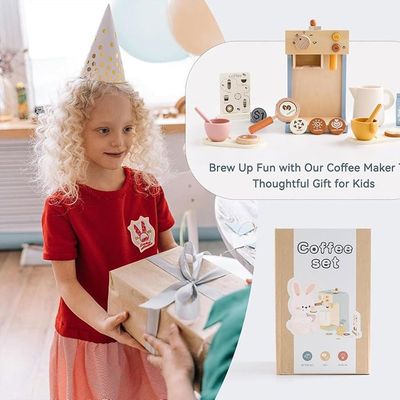 Machine à Café En Bois Jouet - 15 Pièces - Jeu De Barista Pour Enfants - Café Avec Dosettes - Cadeau 3 Ans Et +
