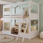 LEYTN Lit mezzanine enfant 90x200cm Lit cabane Lit simple en bois avec fenêtres clôture de sécurité et sommiers à lattes - Blanc