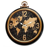 Grande Horloge murale décorative ronde carte du monde or et noir, bois Mdf, décoration murale industrielle au design élégant, 52 cm