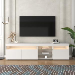 MEUBLE TV Meuble TV - avec éclairage LED - 3 portes 5 étagères - Haute brillance - Blanc - L 180 cm - Support TV
