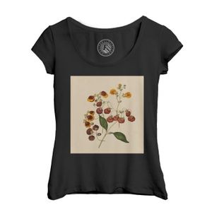 T-SHIRT T-shirt Femme Col Echancré Noir Illustration Botanique Ancienne Fleurs Exotiques