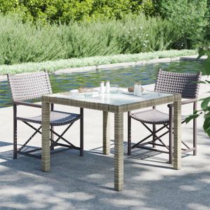 TABLE DE JARDIN  Meuble Table de jardin - 90x90x75 cm - Verre trempé et résine tressée Gris - 20 KG