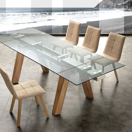 Table Klara avec pieds croisés et extensible avec plateau en bois