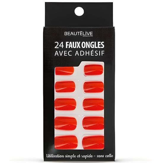Faux ongles adhésifs - BEAUTÉ LIVE - Rouge - Kit de 24 ongles - Utilisation simple et rapide
