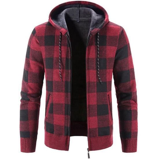 Manteau D'hiver Homme Rouge Noir à Carreaux - Taille M - Avec Capuche - Occasion Très Bon état
