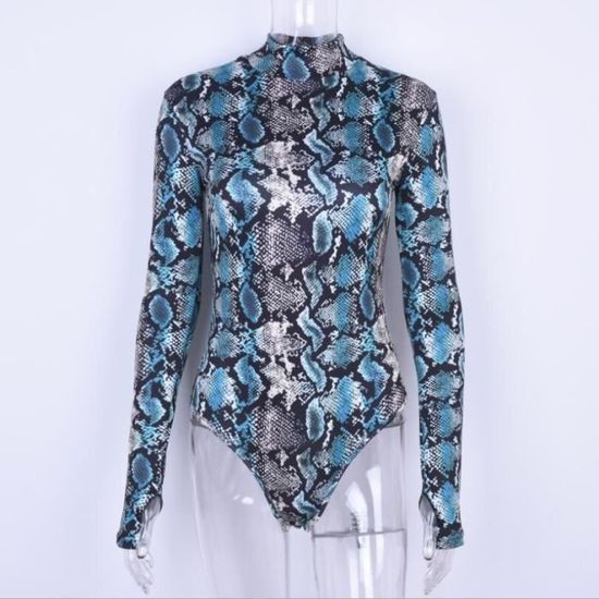 Body à Manches Longues Femme Motif Serpent Et Fleurs - Col Roulé - 90% Polyester, 10% élasthanne - Taille Ajustée - 13