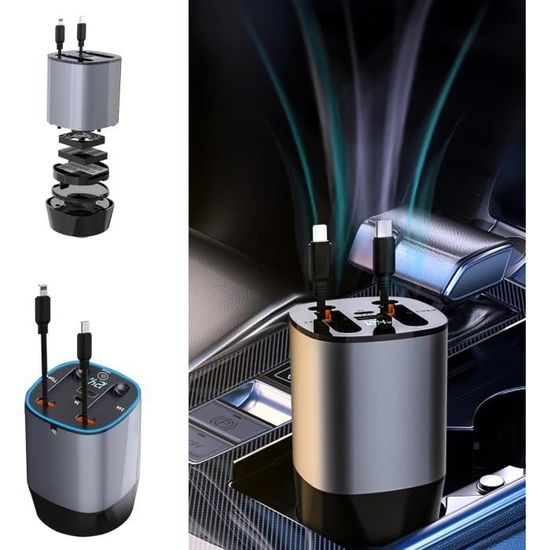 Chargeur Allume-cigare 66W USB-C Et USB-A - Double Port, PD 3.0 Et QC 3.0, Métal, Compact, Pour Voiture, Compatible Smartphones, Tablettes, Switch