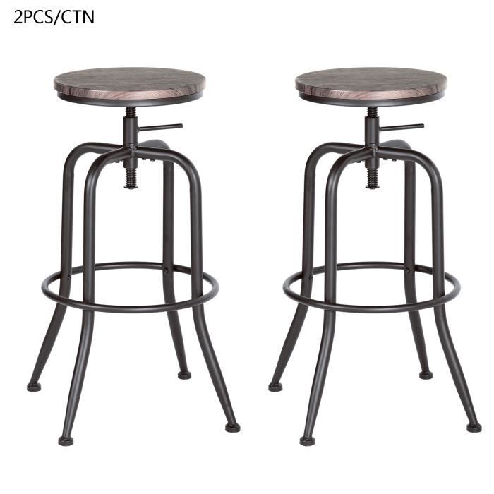 Lot de 2 Tabouret de Bar Siege Fini en Noyer Tournant Métallique a Pieds Incurvées Ajustable à la Hauteur du Comptoir
