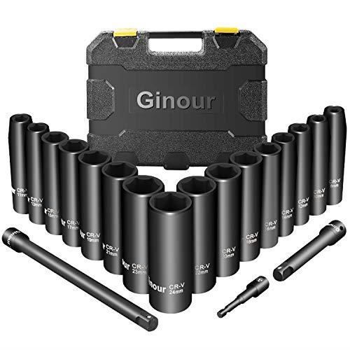 Douilles à choc, Ginour 19pcs 1/2 Jeu de douilles Taille 8-24mm, 2 Rallonges: 12.7, 25.4MM, 6 pans, Métrique,Coffret Douilles à choc