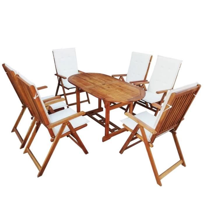 13 pcs Mobilier d'extérieur avec coussin Bois d'acacia massif - 1xtable ovale 150x80x74cm + 6xchaise + 6xcoussin de chaise