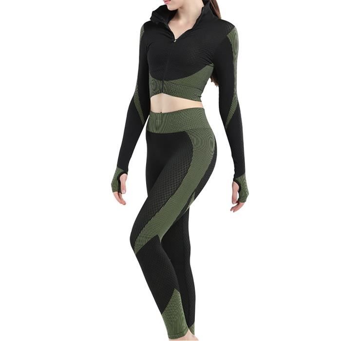 3pcs transparente Femmes Yoga Costume manches longues Manteau Gilet Leggings Fitness Gym Survêtement de sport Vêtements Set (Vert, S