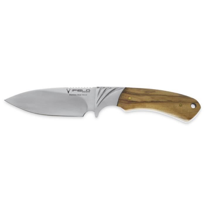 Couteau de chasse iFIELD Campeur, avec mango olivier, lame 10.8 cm d'épaisseur 3.8 mm, finition polie, virole en acier, étui en