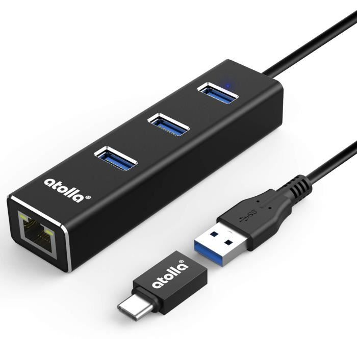 Hubs USB Atolla Hub USB 3.0 Ethernet, 3 Ports USB Hub en Aluminium avec Adaptateur réseau LAN Gigabit Ethernet RJ45 1000 19178