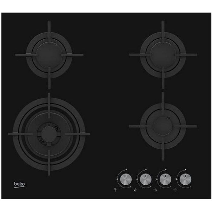 Beko HILW64222S, Intégré, Cuisinière à gaz, Verre, Noir, Fonte, 1000 W