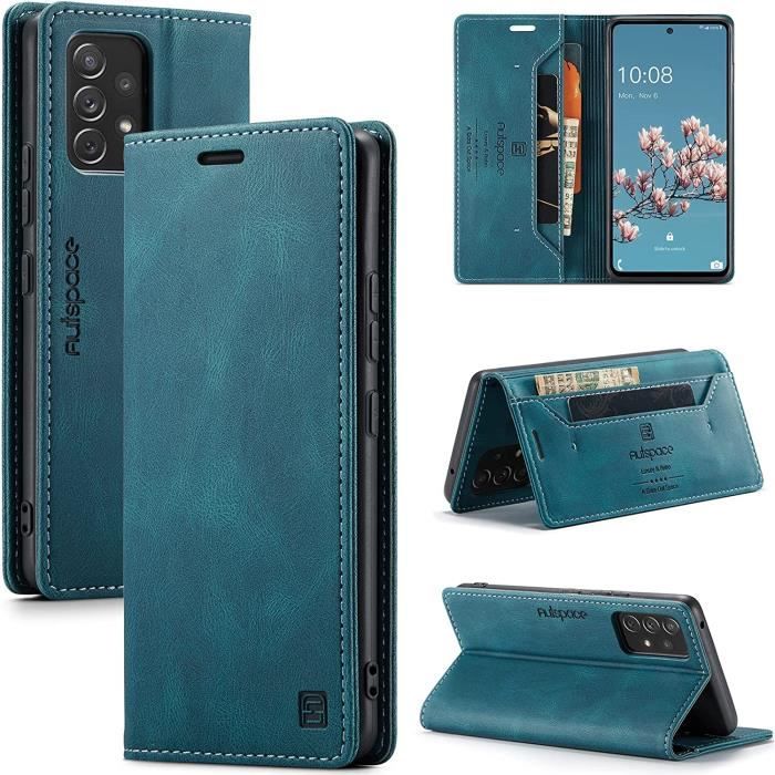 étui de protection Samsung Galaxy A53 5G - Anti-chocs - Protection RFID - étui à rabat en cuir - Avec fentes cartes -bleu