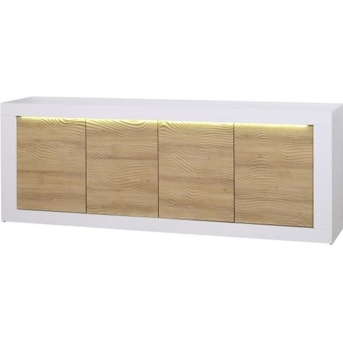 SCIAE Bahut - Décor chêne clair et Laqué blanc - Contemporain - 4 portes - KARMA - L 220 x P 50 x H 82 cm