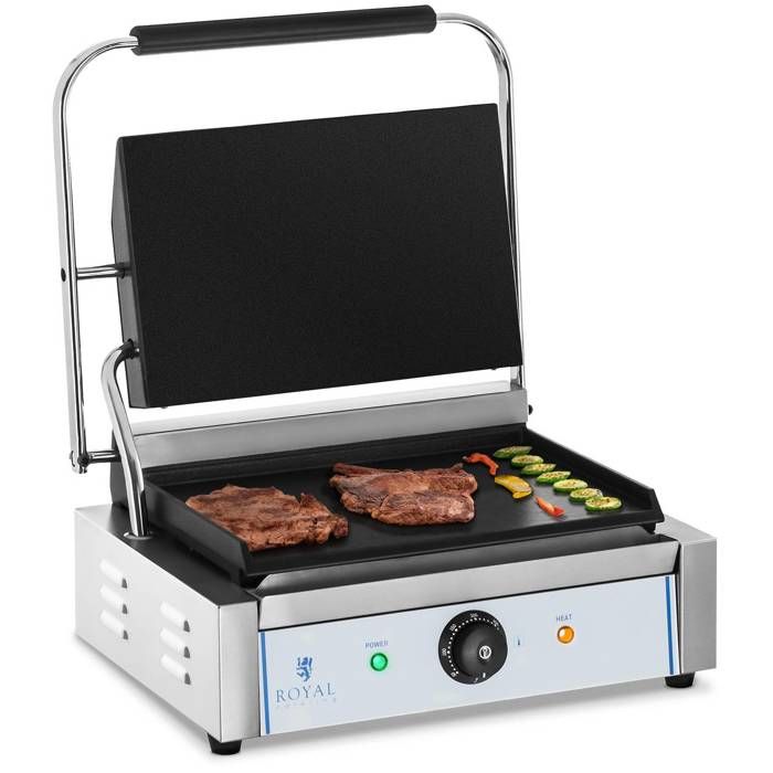 Machine à panini lisse Royal Catering RCKG-2200-F (2200W, plaque de cuisson inférieure 34,5x23cm, récupérateur graisse)