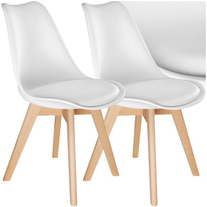 TECTAKE 2 Chaises de Salle à Manger Style Scandinave Pieds en Bois Massif Design Moderne Blanc