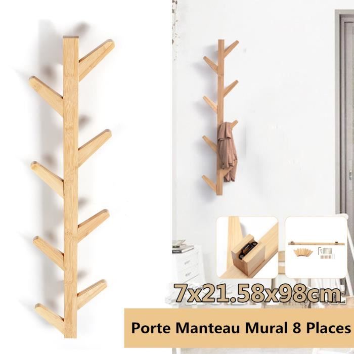 Porte Manteau Mural en Bois de Bambou - Forme d’ Arbre - 8 Crochets - 98 x 21.5cm