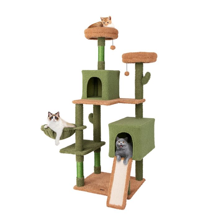 Comparer les prix de GOPLUS Arbre à Chat en Forme de Cactus Vert de 152 cm, Tour pour Chat avec Poteaux à Gratter en Sisal, Rampe, Hamac, Coussins