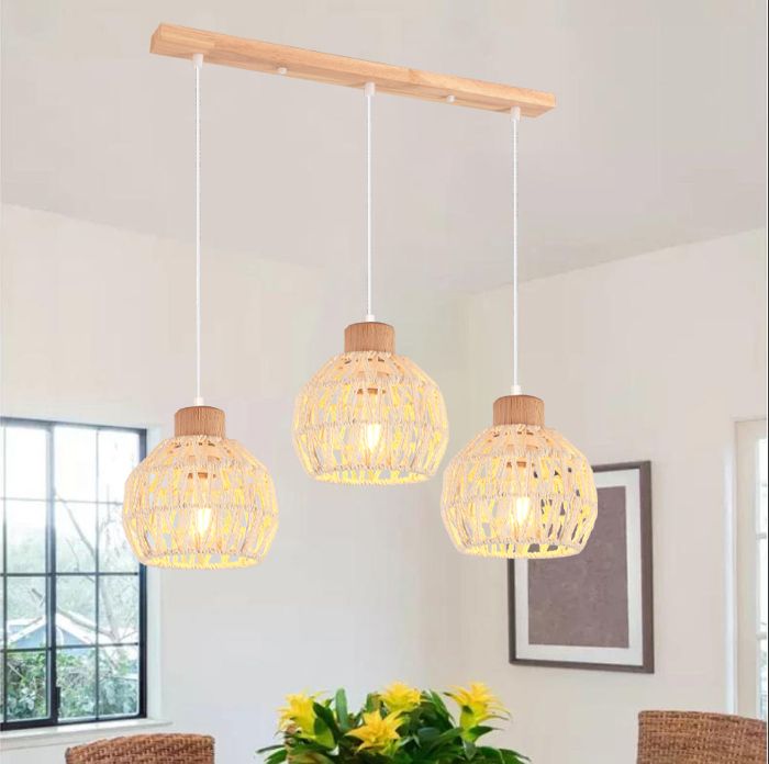 iDEGU 3lampes Lampes Suspensions Lumianires Industriel Lustre Plafonnier Abat-jour en Rotin Blanc Design Cage pour Salon Chambre