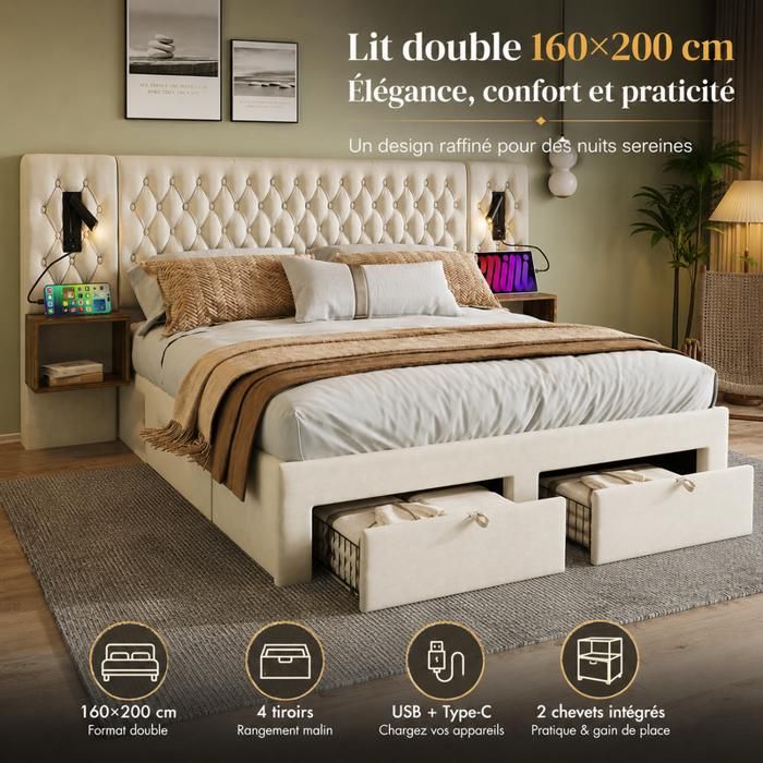 Lit Double 160x200 cm avec 2 Tables de Nuit et 4 Tiroirs Lit Adulte Tête de Lit avec Fonction de Chargement USB Beige Velours