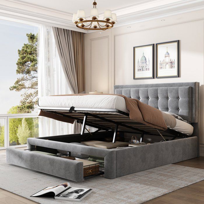 Lit rembourré 140 x 190 cm avec tête de lit lit coffre lit double avec 2 tiroirs en bois velours - gris