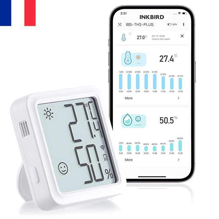 INKBIRD WiFi Thermomètre Intérieur Hygromètre IBS-TH3-PLUS-WIFI Enregistreur Temperature Humidite Ecran LCD Contrôle App Alerte