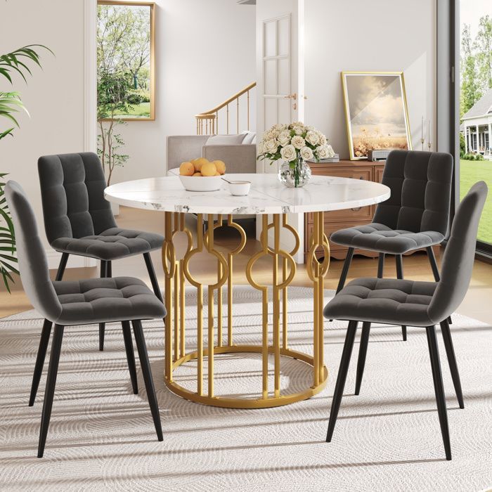 Ensemble Table à Manger Ronde avec 4 Chaises100cmDesign UniquePlateau en MDF BlancChaises en Velours Gris Foncé