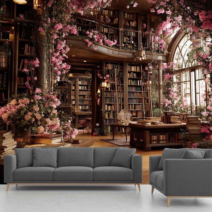Papier Peint Panoramique Bibliothèque Papier Peint étagère à Livres Fleur Rétro Fresque Murale – Décoration Murale – 350x256cm