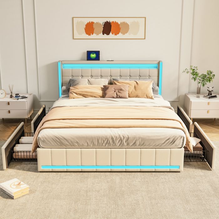 Lit Double 140x200 avec Sommier LED et USBLit Capitonné avec 4 Tiroirsen MétalTête de lit Rembourrée AjustableTissu en